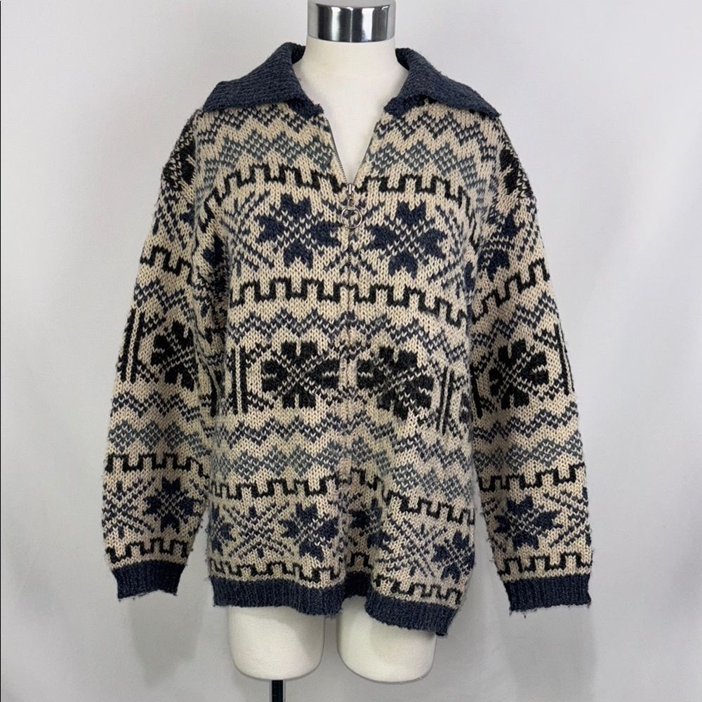 Navy and Cream Patterned Men's Sweater